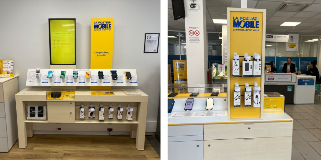 Déploiement de mobiliers avec le nouveau logo La Poste Mobile par Ateliers de Chevreuse.