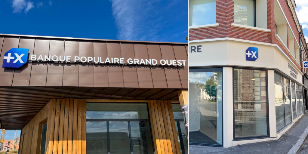 Exemples d'enseignes extérieures pour la Banque Populaire, réalisés par les Ateliers de Chevreuse.
